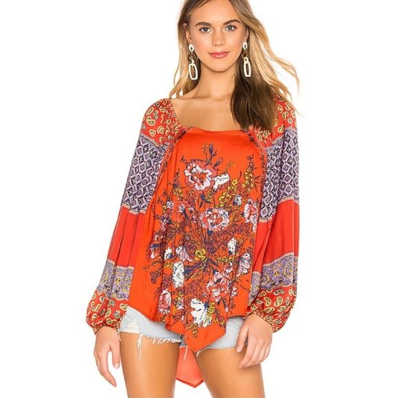 Free People Tops - Free People Positano Print Blouse NWT Size XS Cherry Combo Boho Spring Chic